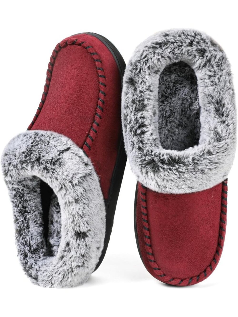 Women's Moc Red Faux Suede Memory Foam Fur Lined Non-Slip House Slippers